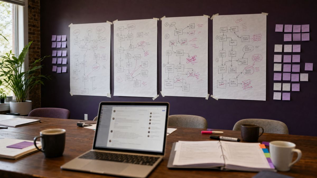 A meeting room wall covered in flip-chart process maps and sticky notes, with a laptop and an open binder on the table.